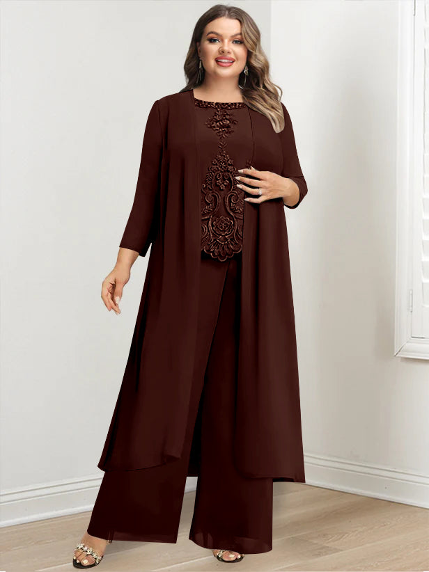 Plus Size Floor-Length Chiffon Pantsuit for the Mother of the Bride with Round Neck and Applique Jacket