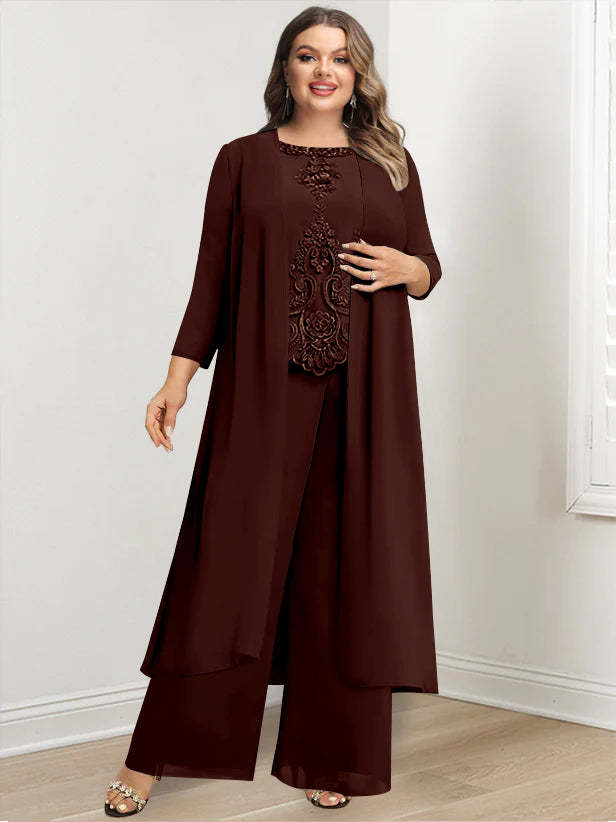 Plus Size Floor-Length Chiffon Pantsuit for the Mother of the Bride with Round Neck and Applique Jacket