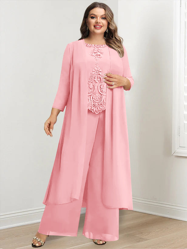 Plus Size Floor-Length Chiffon Pantsuit for the Mother of the Bride with Round Neck and Applique Jacket