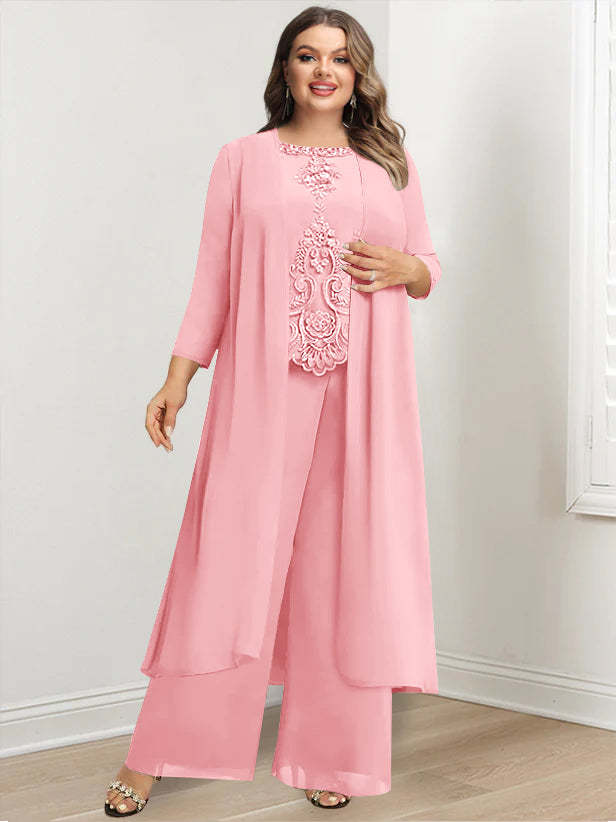 Plus Size Floor-Length Chiffon Pantsuit for the Mother of the Bride with Round Neck and Applique Jacket