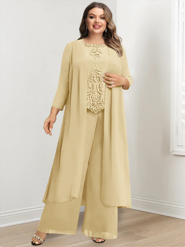 Plus Size Floor-Length Chiffon Pantsuit for the Mother of the Bride with Round Neck and Applique Jacket