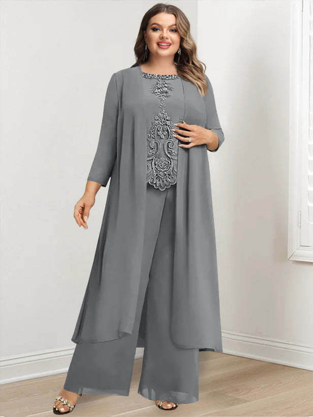 Plus Size Floor-Length Chiffon Pantsuit for the Mother of the Bride with Round Neck and Applique Jacket