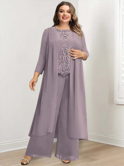 Plus Size Floor-Length Chiffon Pantsuit for the Mother of the Bride with Round Neck and Applique Jacket