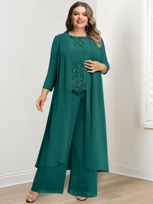 Plus Size Floor-Length Chiffon Pantsuit for the Mother of the Bride with Round Neck and Applique Jacket