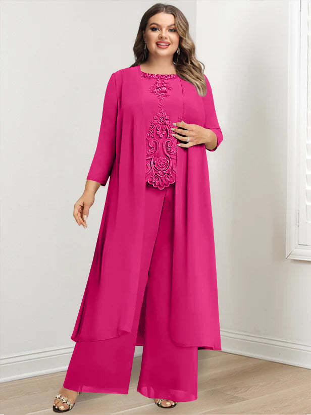 Plus Size Floor-Length Chiffon Pantsuit for the Mother of the Bride with Round Neck and Applique Jacket