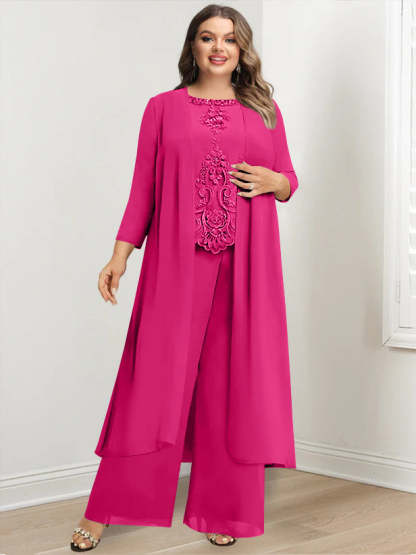 Plus Size Floor-Length Chiffon Pantsuit for the Mother of the Bride with Round Neck and Applique Jacket