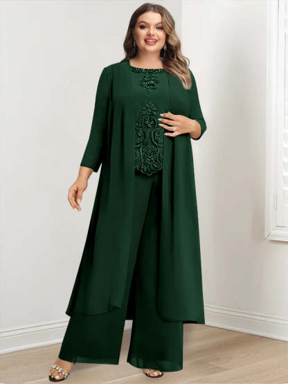 Plus Size Floor-Length Chiffon Pantsuit for the Mother of the Bride with Round Neck and Applique Jacket