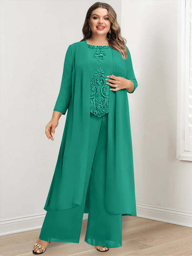 Plus Size Floor-Length Chiffon Pantsuit for the Mother of the Bride with Round Neck and Applique Jacket