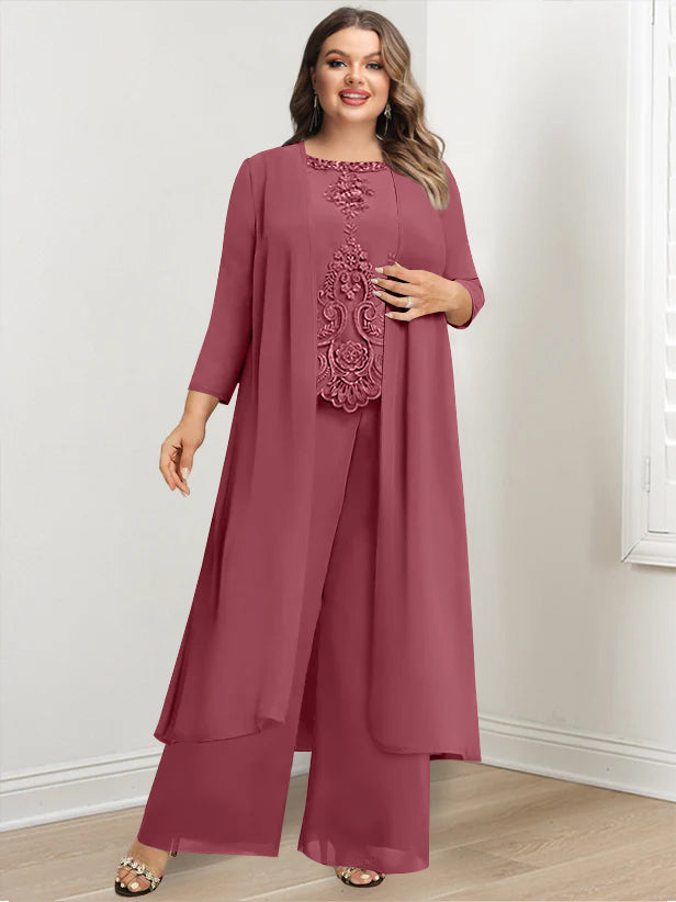 Plus Size Floor-Length Chiffon Pantsuit for the Mother of the Bride with Round Neck and Applique Jacket