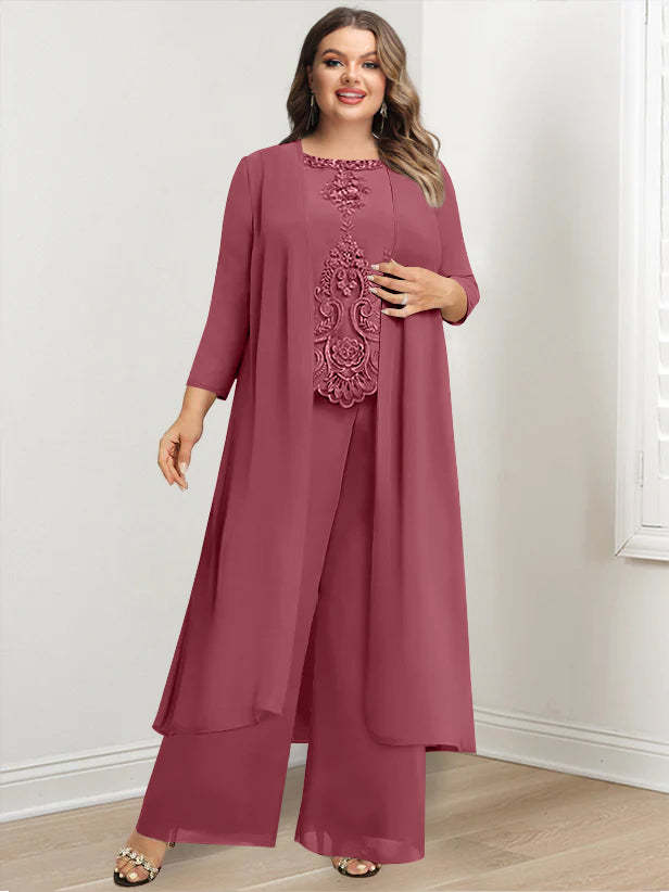 Plus Size Floor-Length Chiffon Pantsuit for the Mother of the Bride with Round Neck and Applique Jacket