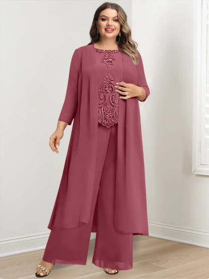 Plus Size Floor-Length Chiffon Pantsuit for the Mother of the Bride with Round Neck and Applique Jacket