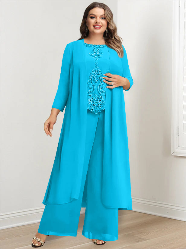 Plus Size Floor-Length Chiffon Pantsuit for the Mother of the Bride with Round Neck and Applique Jacket