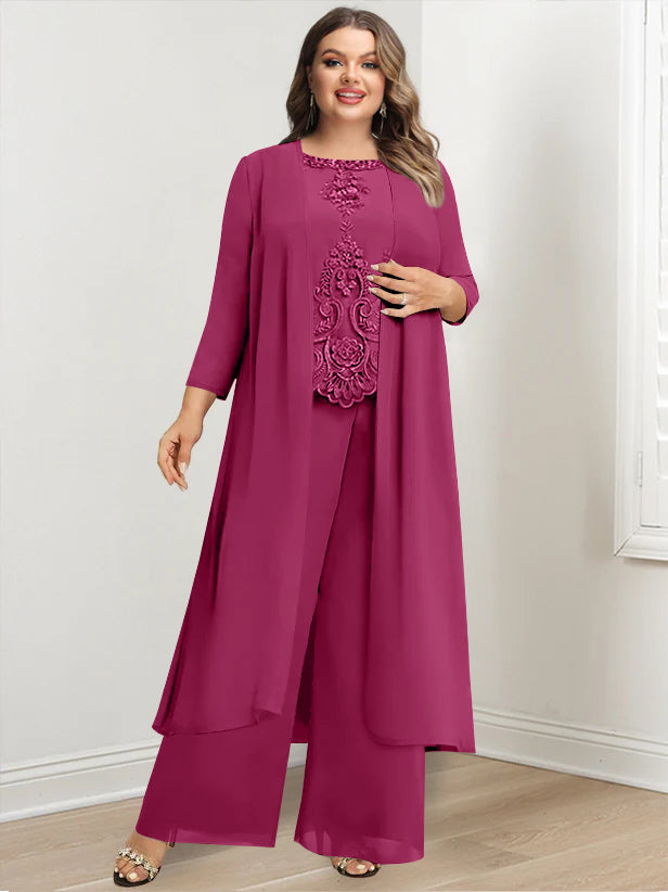 Plus Size Floor-Length Chiffon Pantsuit for the Mother of the Bride with Round Neck and Applique Jacket