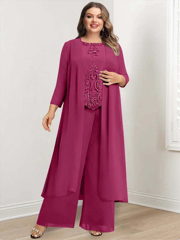 Plus Size Floor-Length Chiffon Pantsuit for the Mother of the Bride with Round Neck and Applique Jacket