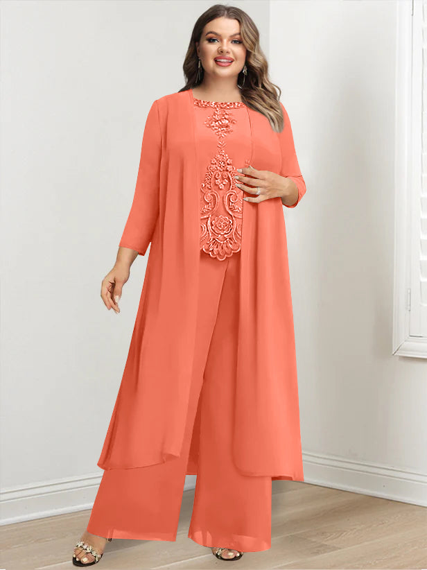 Plus Size Floor-Length Chiffon Pantsuit for the Mother of the Bride with Round Neck and Applique Jacket
