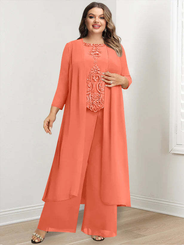 Plus Size Floor-Length Chiffon Pantsuit for the Mother of the Bride with Round Neck and Applique Jacket