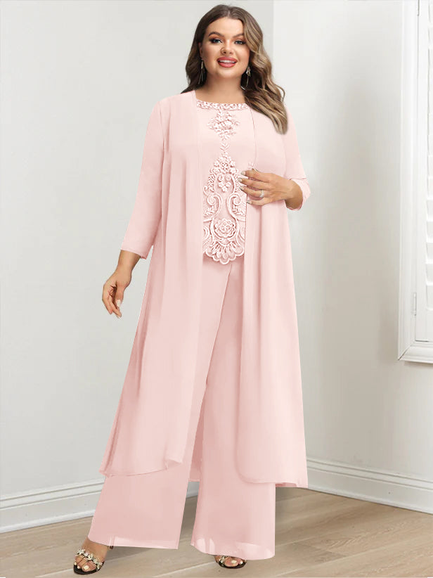 Plus Size Floor-Length Chiffon Pantsuit for the Mother of the Bride with Round Neck and Applique Jacket