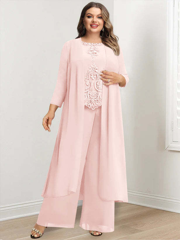 Plus Size Floor-Length Chiffon Pantsuit for the Mother of the Bride with Round Neck and Applique Jacket