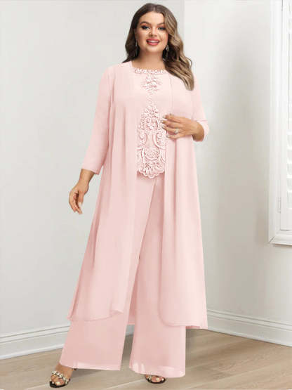 Plus Size Floor-Length Chiffon Pantsuit for the Mother of the Bride with Round Neck and Applique Jacket