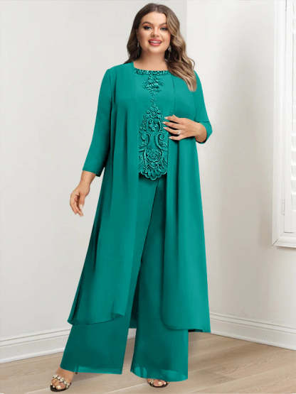 Plus Size Floor-Length Chiffon Pantsuit for the Mother of the Bride with Round Neck and Applique Jacket