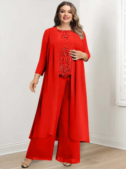 Plus Size Floor-Length Chiffon Pantsuit for the Mother of the Bride with Round Neck and Applique Jacket