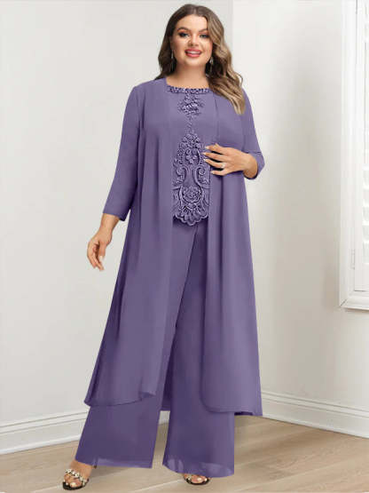 Plus Size Floor-Length Chiffon Pantsuit for the Mother of the Bride with Round Neck and Applique Jacket