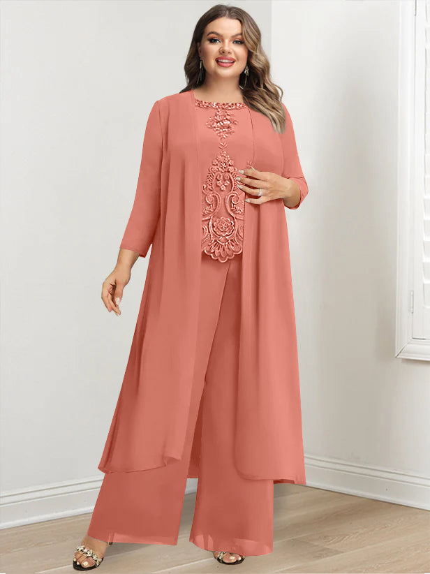 Plus Size Floor-Length Chiffon Pantsuit for the Mother of the Bride with Round Neck and Applique Jacket