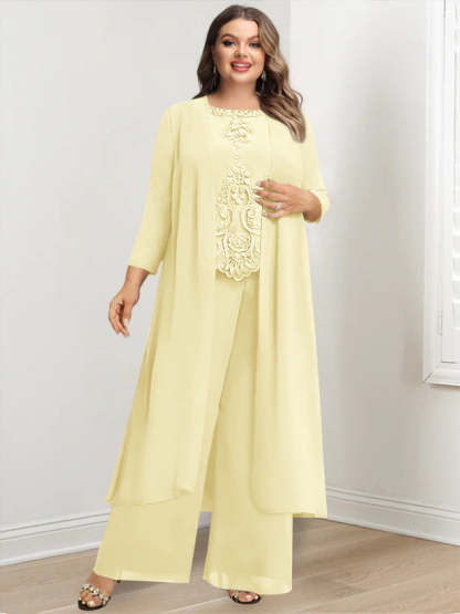 Plus Size Floor-Length Chiffon Pantsuit for the Mother of the Bride with Round Neck and Applique Jacket