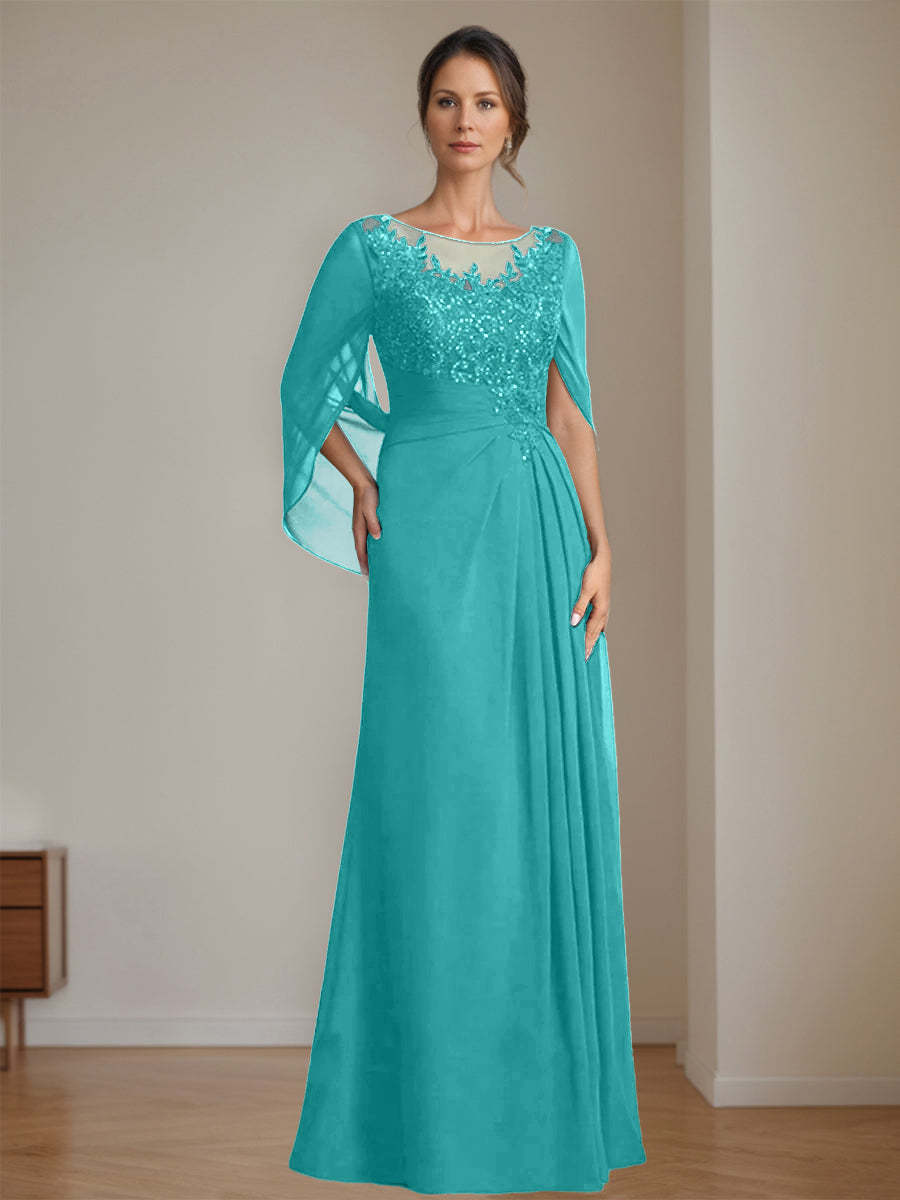 Floor-Length A-Line Princess Mother of the Bride Dresses with Scoop Neckline Pleated & Sequins