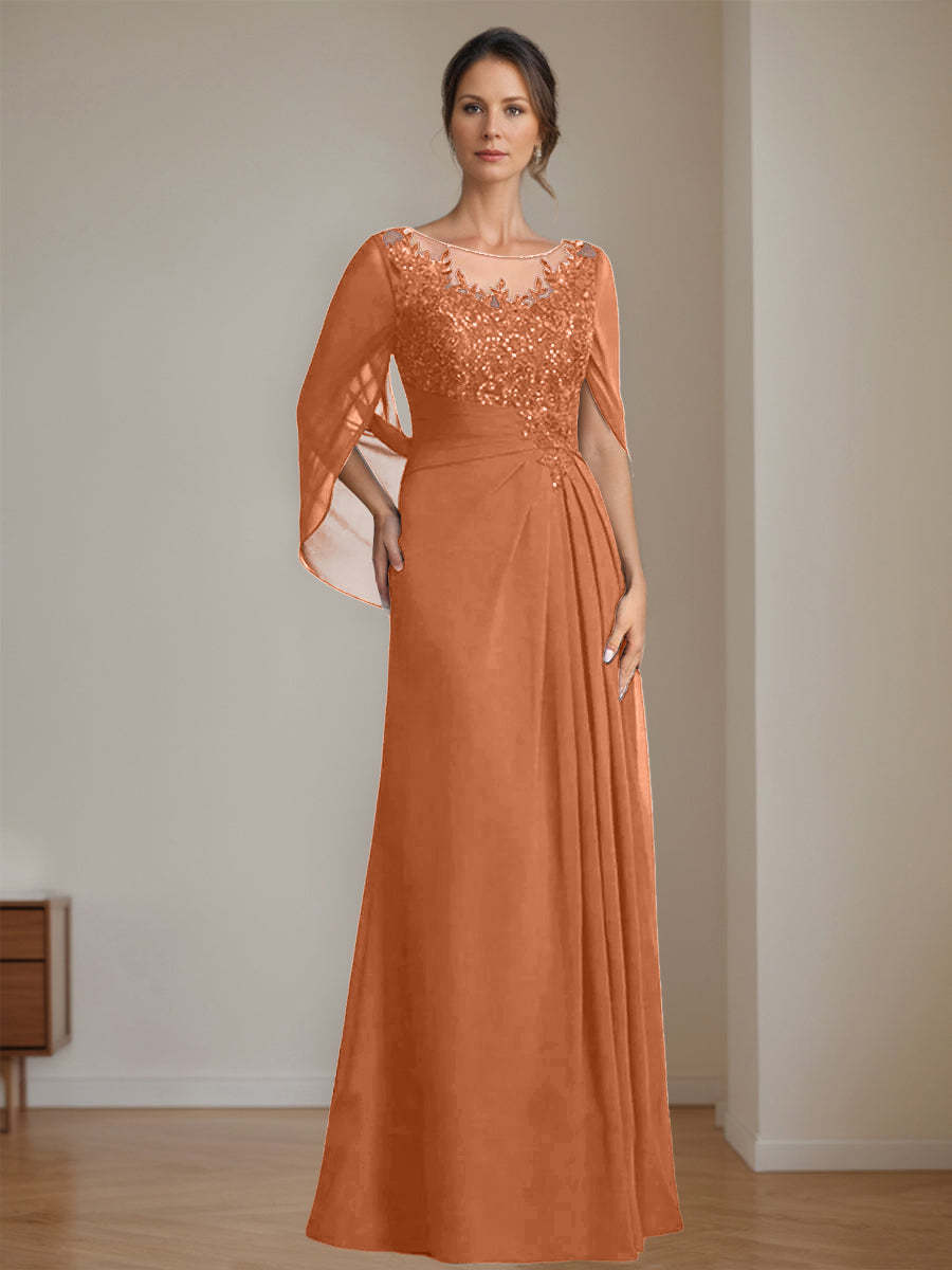 Floor-Length A-Line Princess Mother of the Bride Dresses with Scoop Neckline Pleated & Sequins