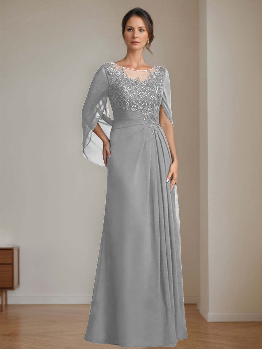 Floor-Length A-Line Princess Mother of the Bride Dresses with Scoop Neckline Pleated & Sequins