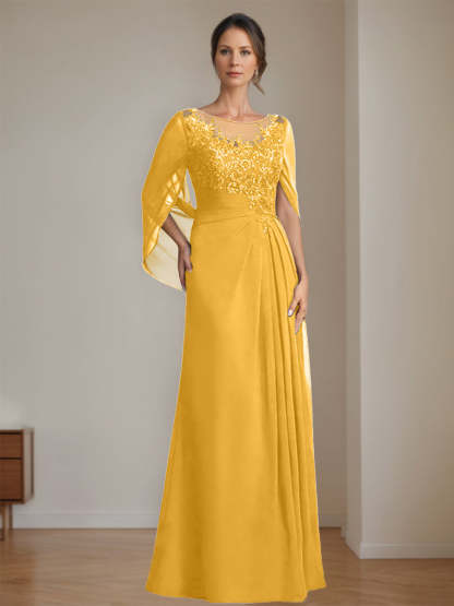 Floor-Length A-Line Princess Mother of the Bride Dresses with Scoop Neckline Pleated & Sequins
