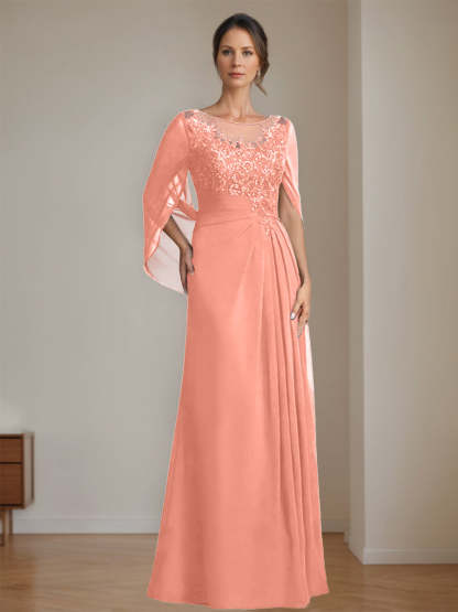 Floor-Length A-Line Princess Mother of the Bride Dresses with Scoop Neckline Pleated & Sequins