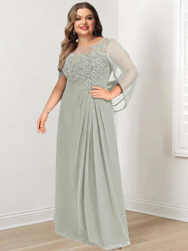 Plus Size Floor-Length Mother of the Bride A-Line Dress with Scoop Neckline Pleats and Sequins