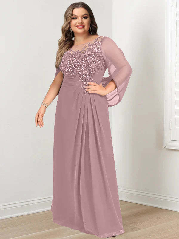 Plus Size Floor-Length Mother of the Bride A-Line Dress with Scoop Neckline Pleats and Sequins