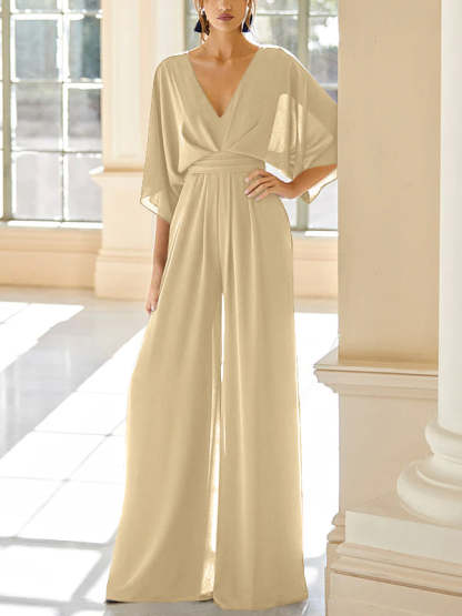 Mother of the Bride V-Neck Chiffon Pantsuit Featuring Pockets