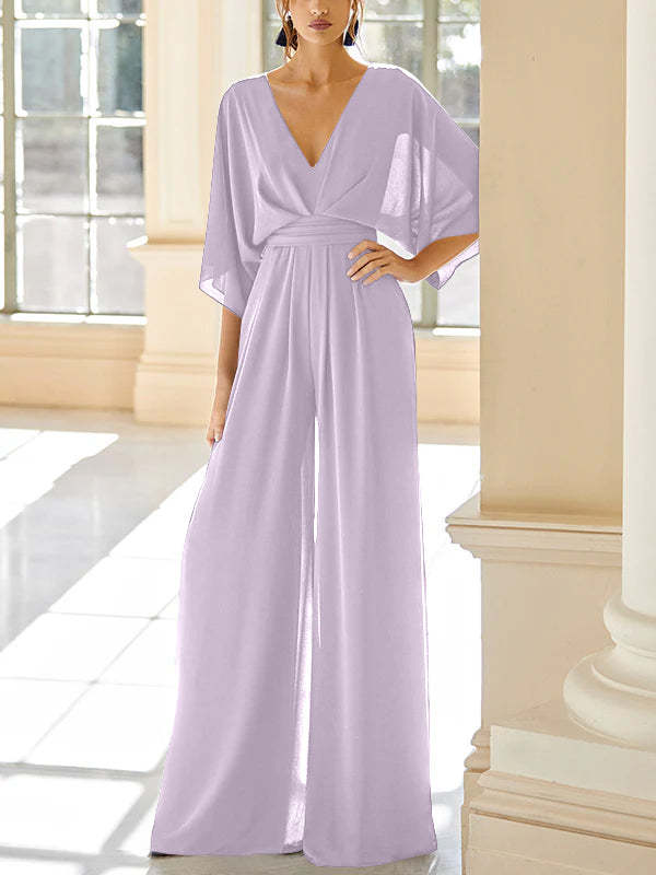 Mother of the Bride V-Neck Chiffon Pantsuit Featuring Pockets