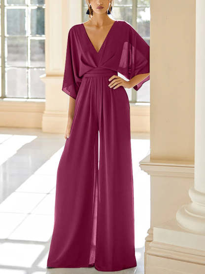 Mother of the Bride V-Neck Chiffon Pantsuit Featuring Pockets