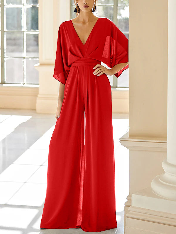 Mother of the Bride V-Neck Chiffon Pantsuit Featuring Pockets