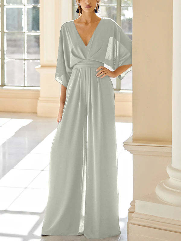 Mother of the Bride V-Neck Chiffon Pantsuit Featuring Pockets