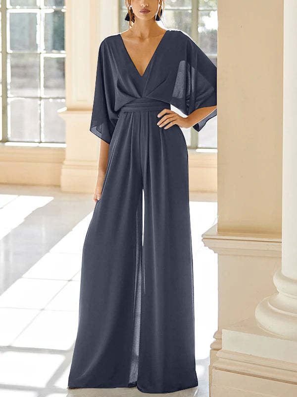 Mother of the Bride V-Neck Chiffon Pantsuit Featuring Pockets