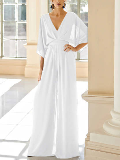 Mother of the Bride V-Neck Chiffon Pantsuit Featuring Pockets