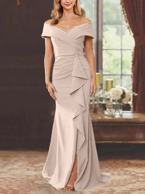 Off-the-Shoulder Ruffled Floor-Length Sheath Dress for the Mother of the Bride