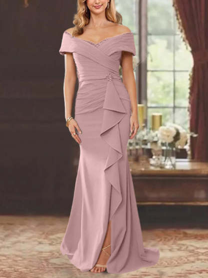 Off-the-Shoulder Ruffled Floor-Length Sheath Dress for the Mother of the Bride