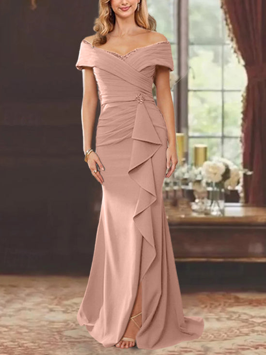 Off-the-Shoulder Ruffled Floor-Length Sheath Dress for the Mother of the Bride