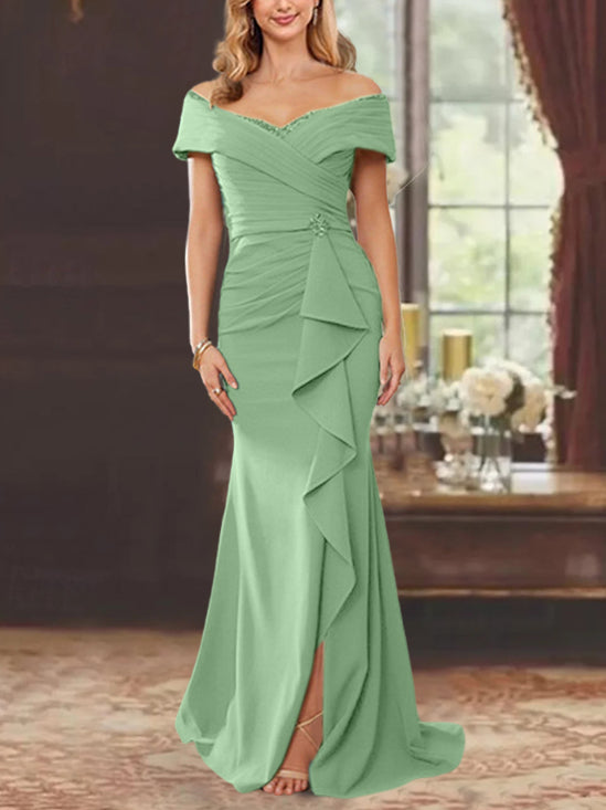 Off-the-Shoulder Ruffled Floor-Length Sheath Dress for the Mother of the Bride