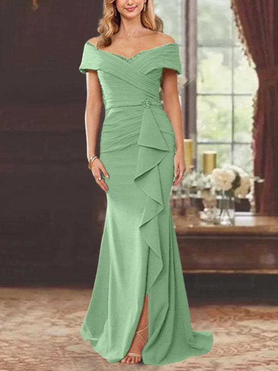 Off-the-Shoulder Ruffled Floor-Length Sheath Dress for the Mother of the Bride