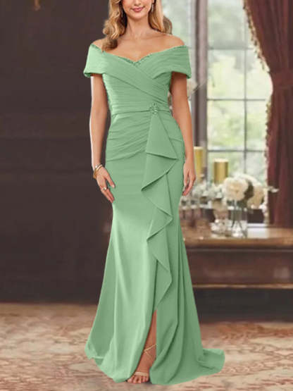 Off-the-Shoulder Ruffled Floor-Length Sheath Dress for the Mother of the Bride