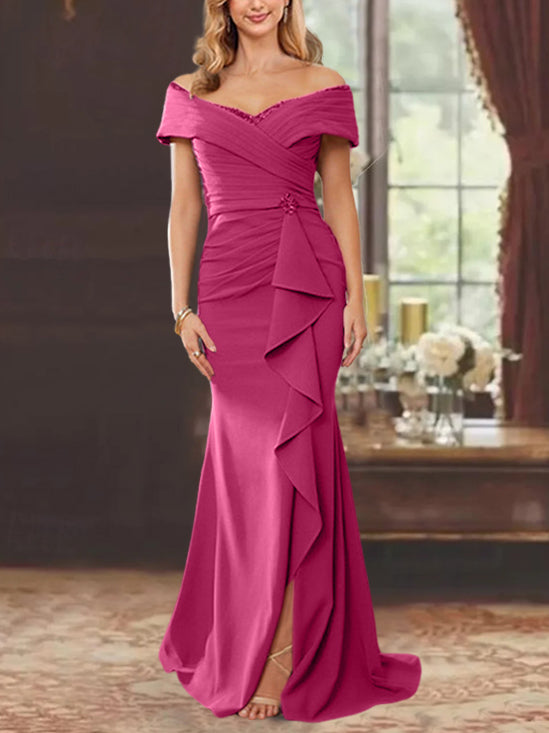 Off-the-Shoulder Ruffled Floor-Length Sheath Dress for the Mother of the Bride