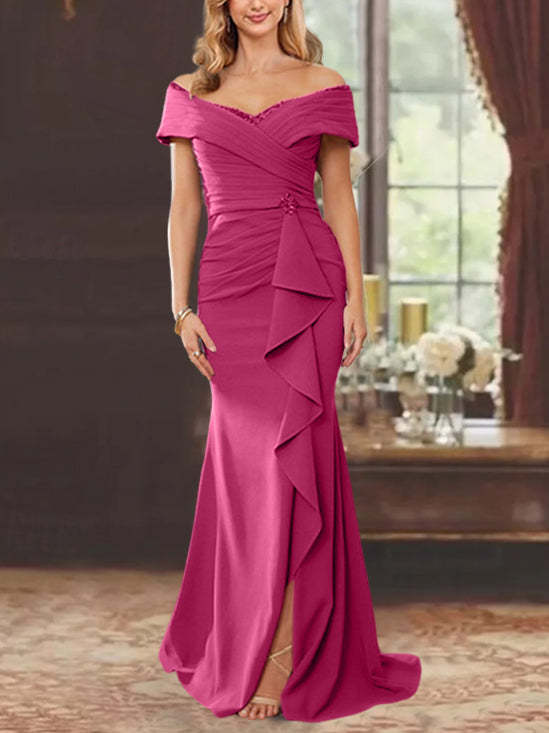 Off-the-Shoulder Ruffled Floor-Length Sheath Dress for the Mother of the Bride